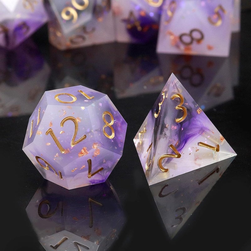 Haxtec Sharp Edge Dice Set Black Purple White Resin DND Dice Set Glitter Polyhedral D&D Dice Compatible with Dungeons and Dragons - Image 1
